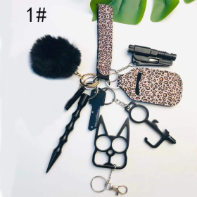 Self Defense Keychain Suit Personal Keychain For Girls Women Safety Key Ring With Hand Sanitizer Bottle Holder Pompom Whistle (Color: Leopard color 11piece set)