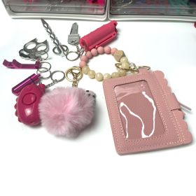 Beaded Card Bag Wool Ball Bottle Opener Finger Tiger Key Self-defense Key Buckle Set (Color: Pink set)